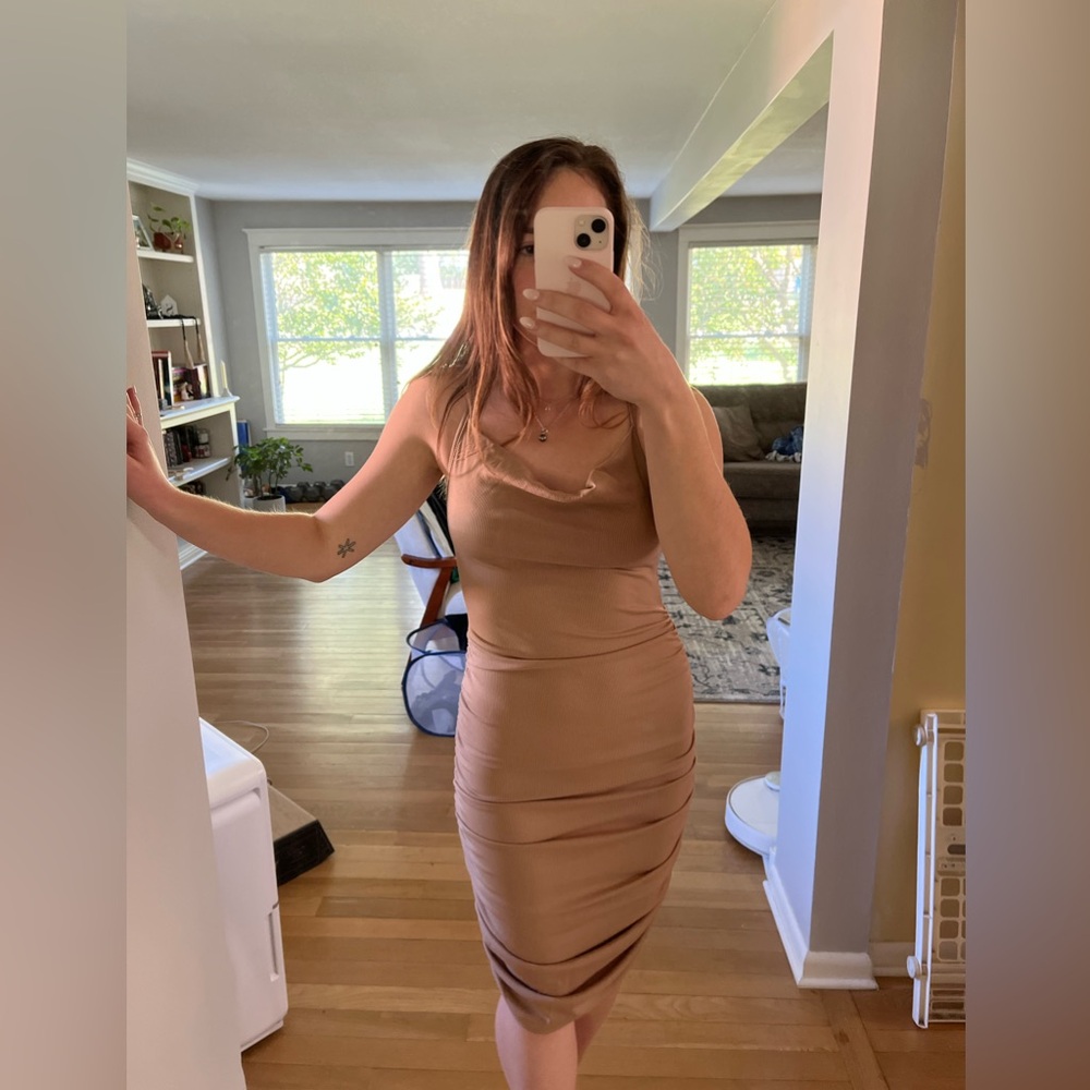 Elegant Tan Ruched Dress - Picture 4 of 5